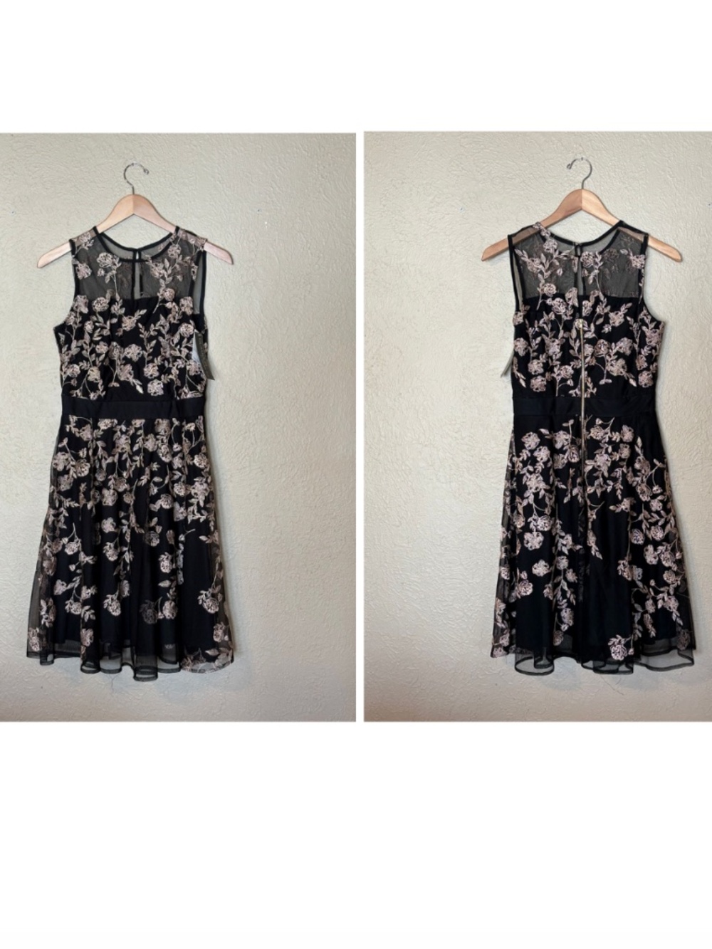 Glamour by Gabriella Skye, Black Fit & Flare Floral Overlay Dress, US 6